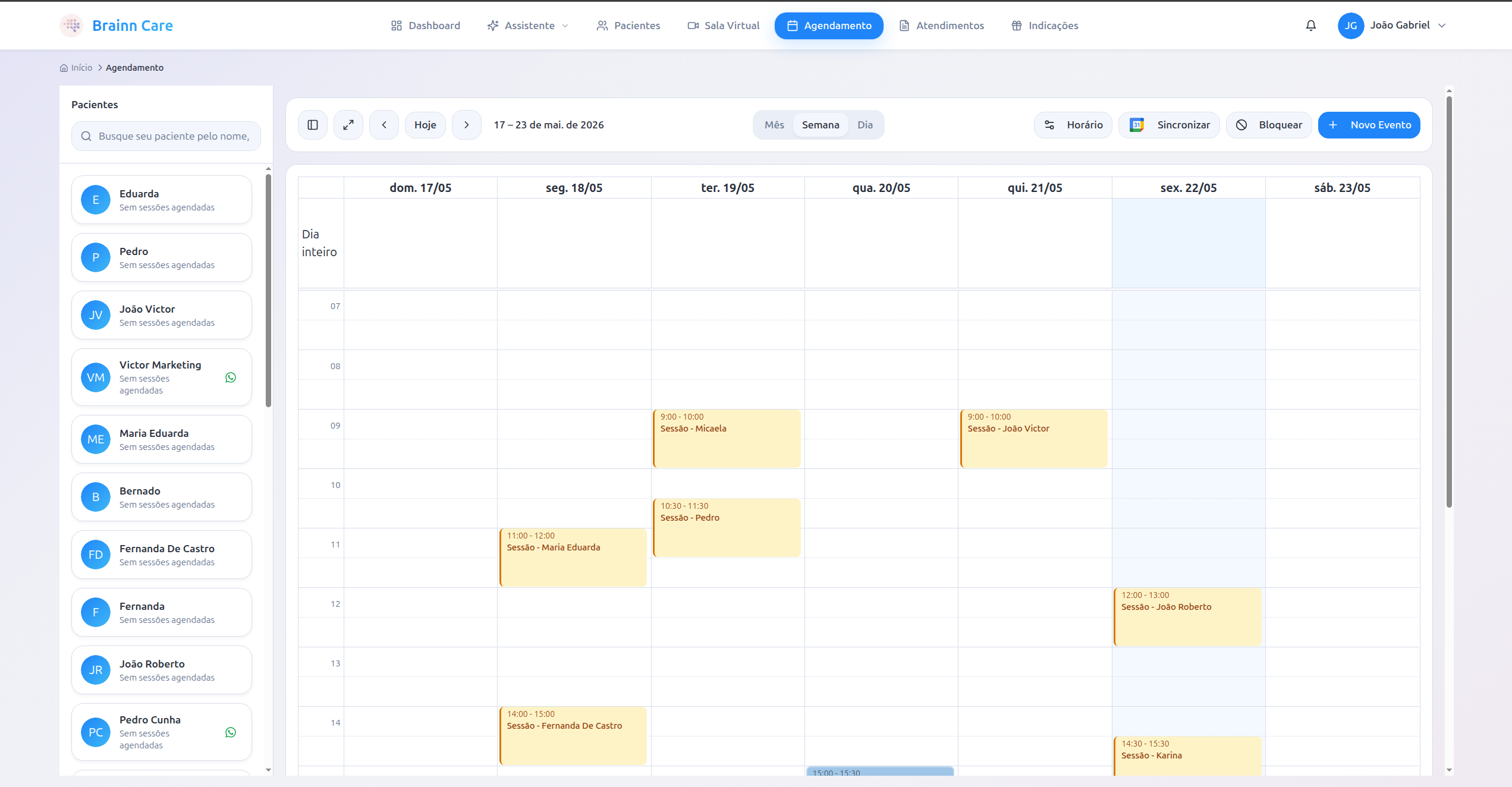 Agenda da Brainn Care com sincronização Google e confirmação por WhatsApp